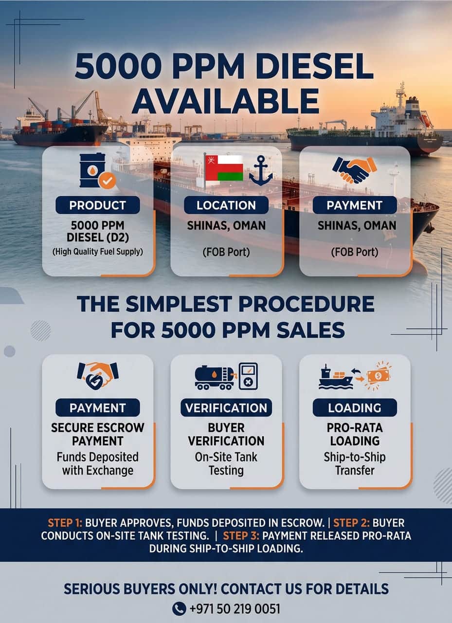 Premium Gasoil (Diesel) 5000 PPM – Direct Delivery in Shinas, Oman